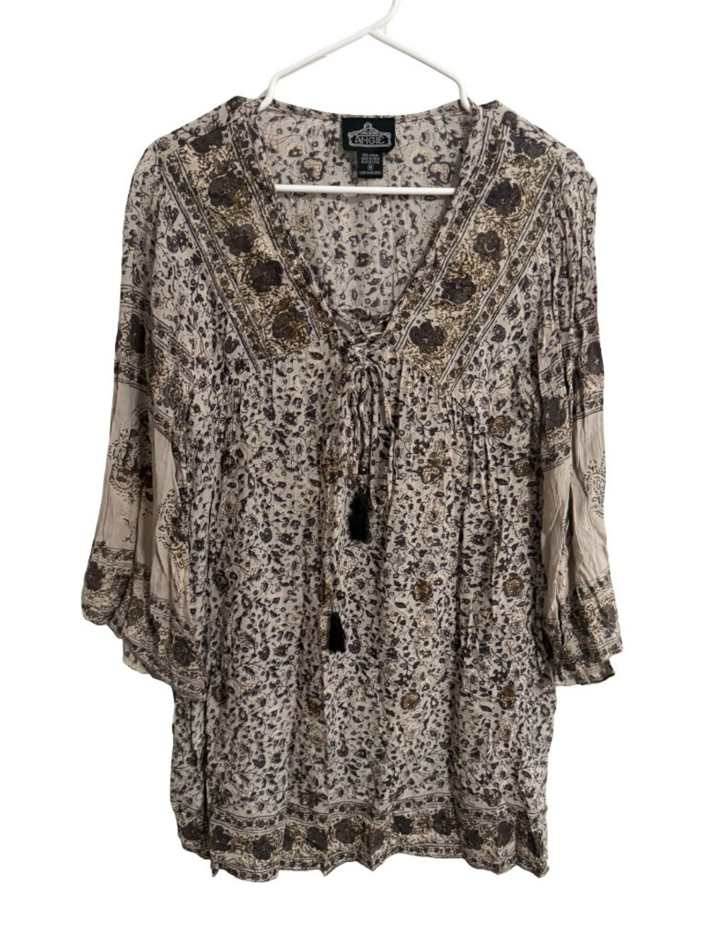 Angie Tunic Top Medium Beige Floral Crinkle Rayon Boho Tassel Cottagecore Flowy - Picture 2 of 6